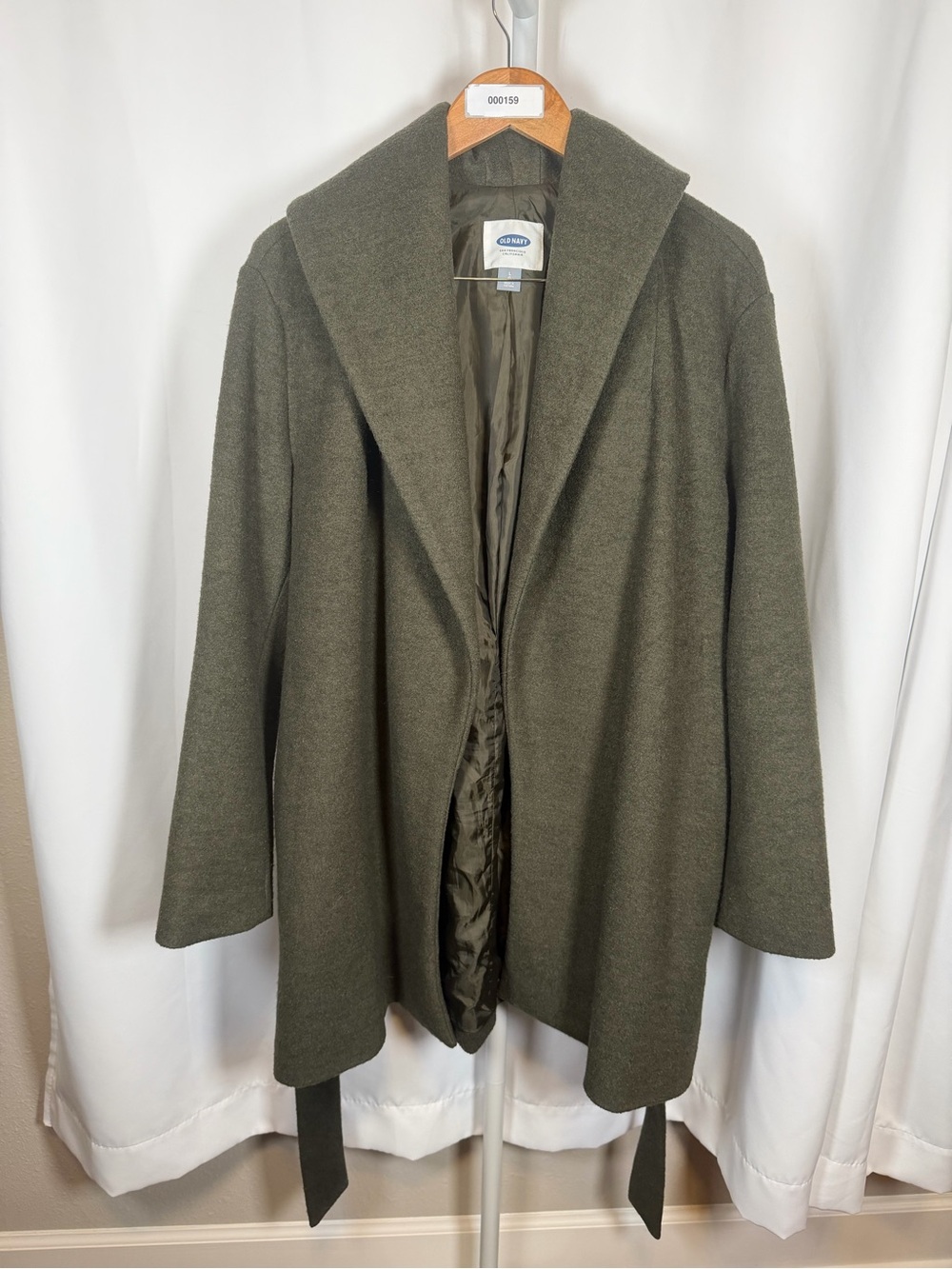 Old Navy Women’s L Olive Green Wool Blend Belted Wrap Coat Shawl Collar